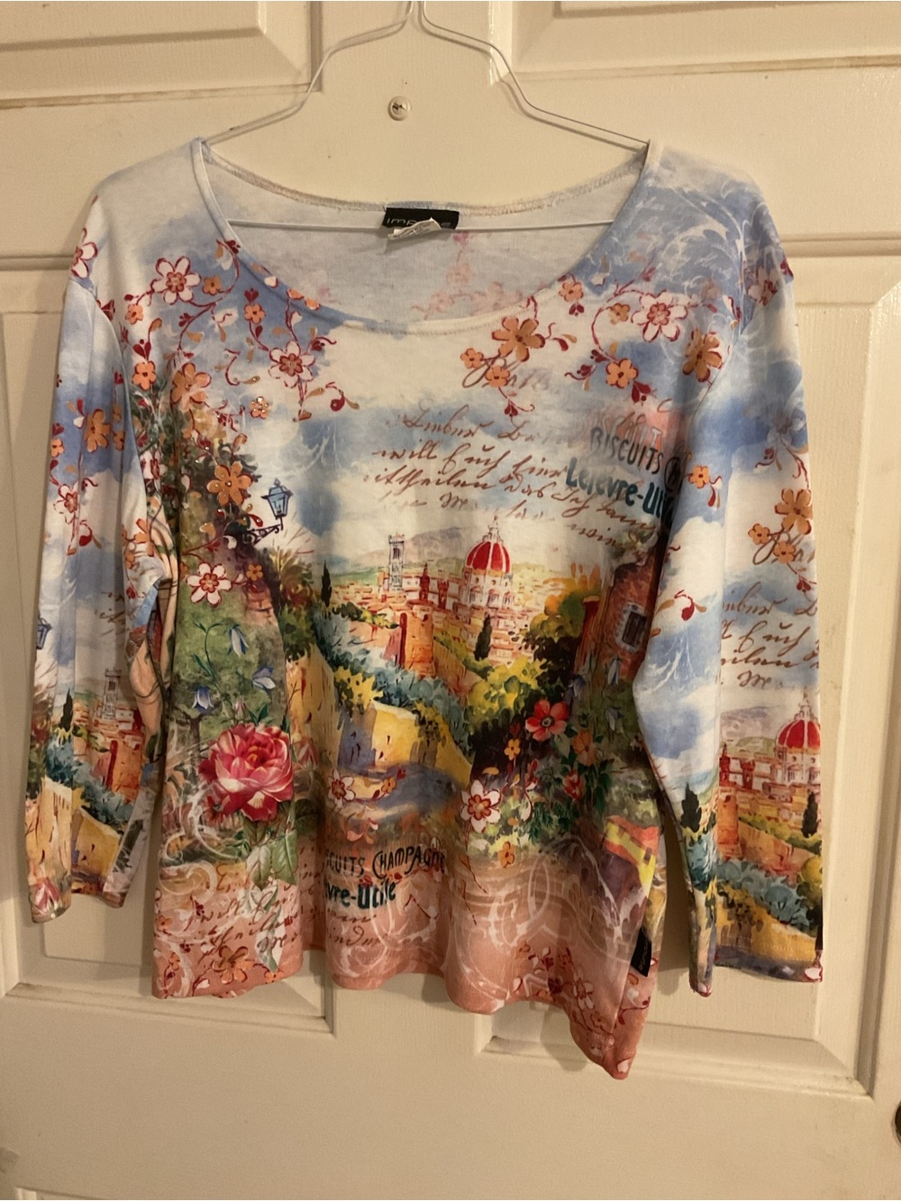 VTG Y2K IMPULSE ITALIAN Cityscape Scoop Neck Women's Top - Multicolor XL.